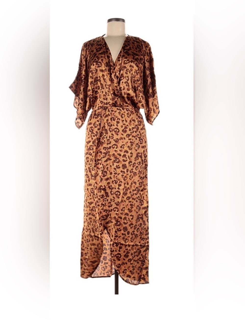 LEZAT NWT Leopard Print Satin Maxi Wrap Dress XS Dolman Kimono Sleeve